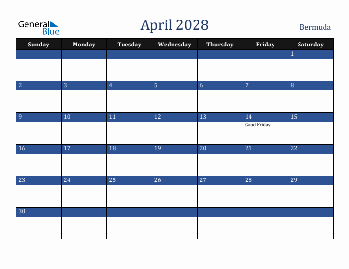 April 2028 Bermuda Calendar (Sunday Start)