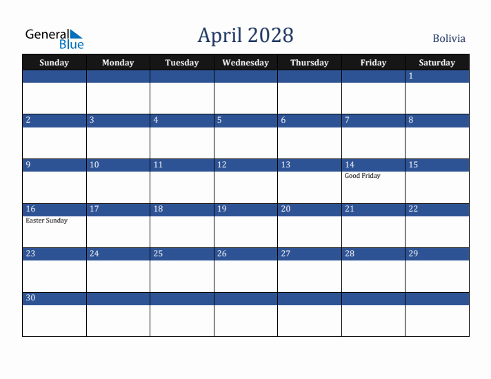 April 2028 Bolivia Calendar (Sunday Start)