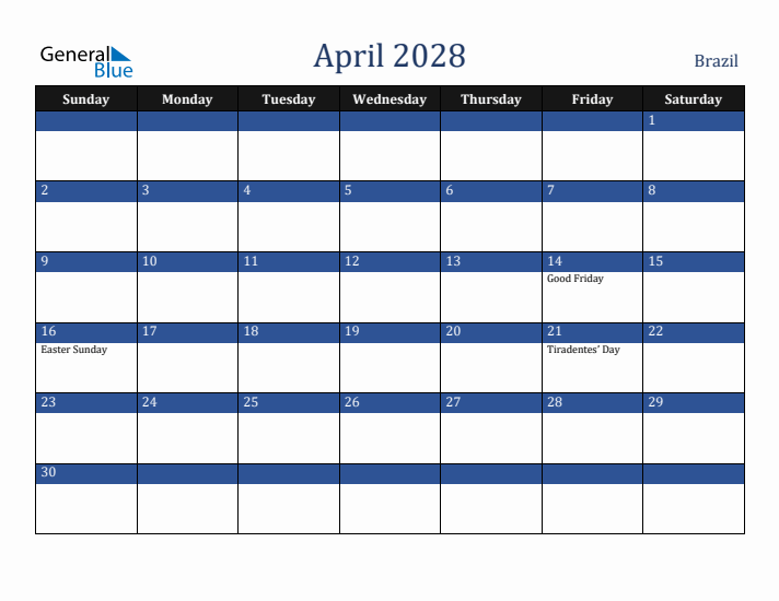 April 2028 Brazil Calendar (Sunday Start)