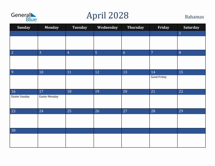 April 2028 Bahamas Calendar (Sunday Start)