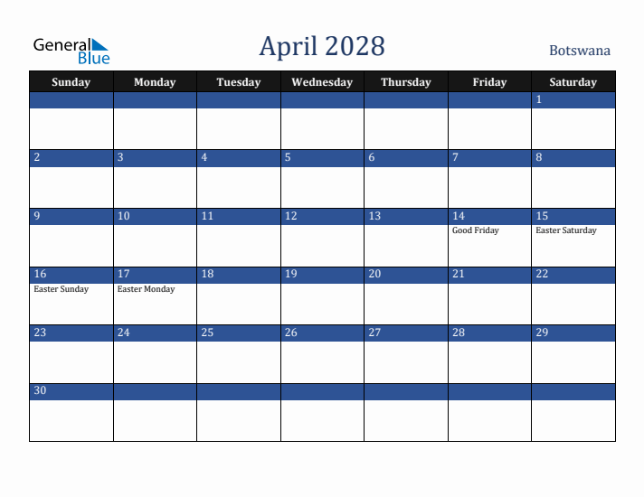April 2028 Botswana Calendar (Sunday Start)