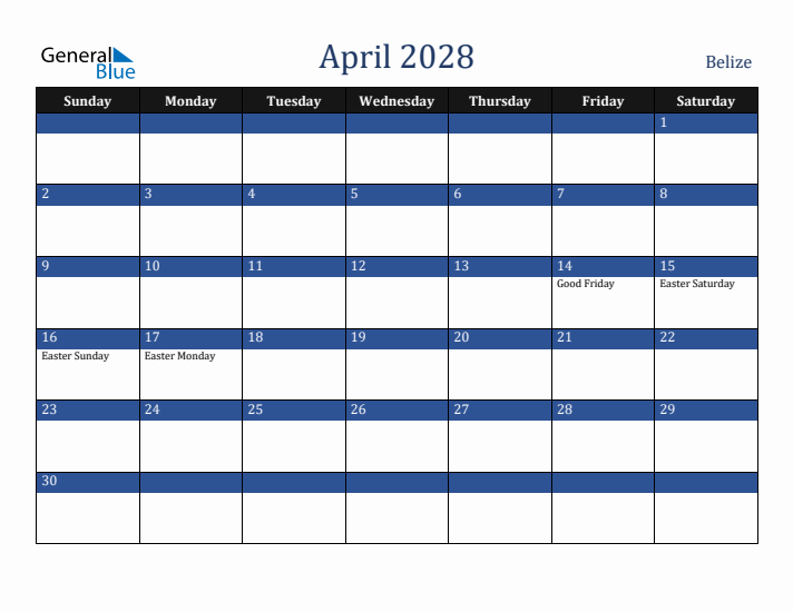 April 2028 Belize Calendar (Sunday Start)