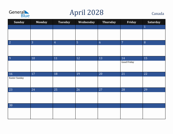 April 2028 Canada Calendar (Sunday Start)