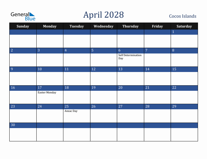 April 2028 Cocos Islands Calendar (Sunday Start)