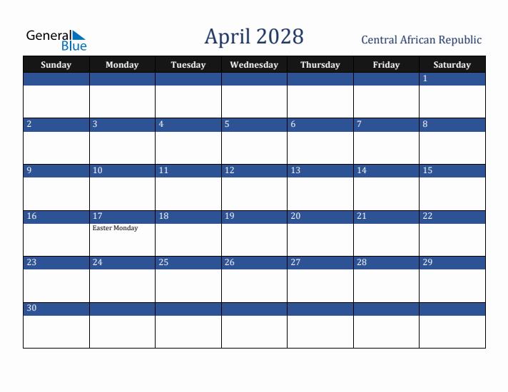 April 2028 Central African Republic Calendar (Sunday Start)