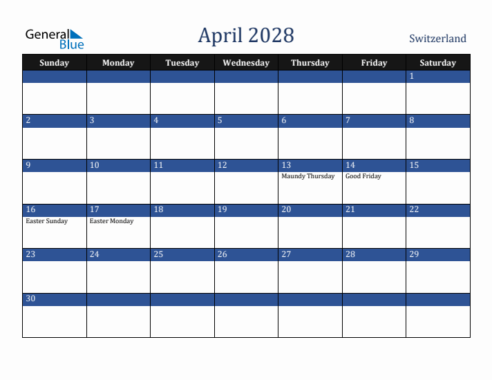 April 2028 Switzerland Calendar (Sunday Start)