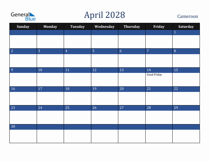 April 2028 Cameroon Calendar (Sunday Start)