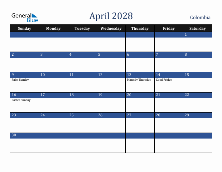 April 2028 Colombia Calendar (Sunday Start)