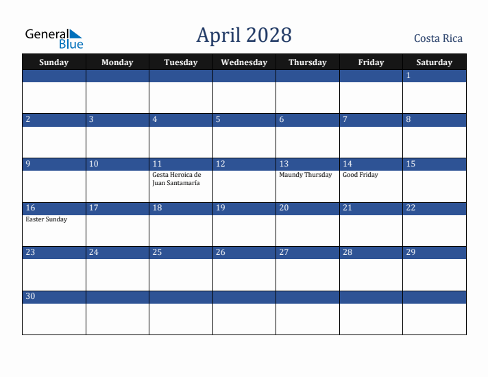 April 2028 Costa Rica Calendar (Sunday Start)