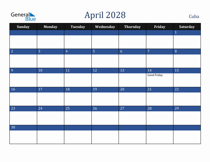 April 2028 Cuba Calendar (Sunday Start)