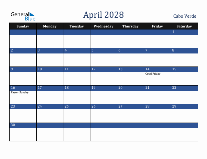 April 2028 Cabo Verde Calendar (Sunday Start)