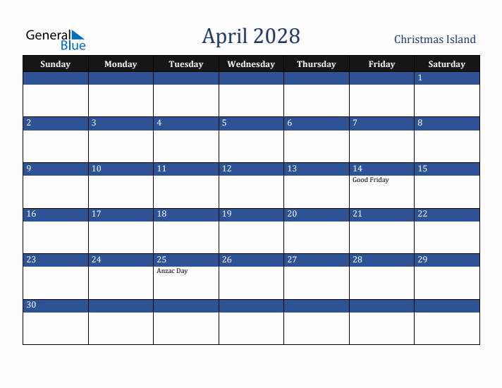 April 2028 Christmas Island Calendar (Sunday Start)