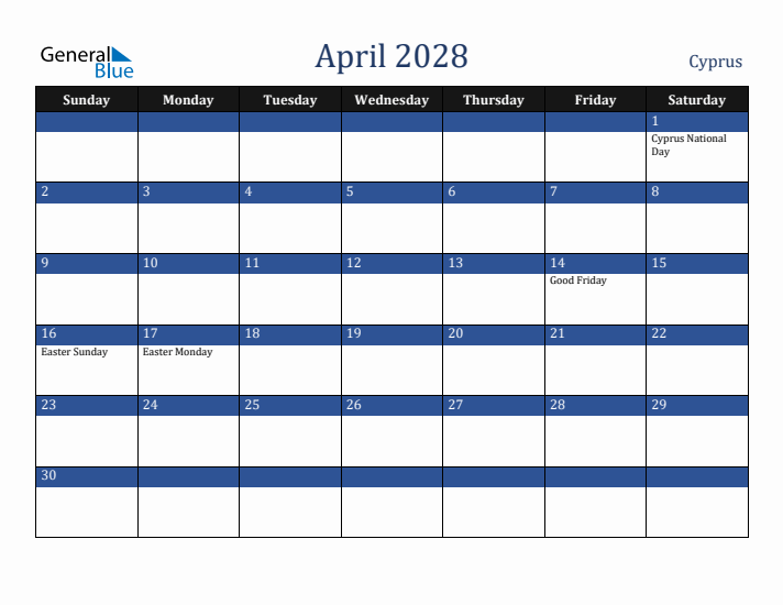 April 2028 Cyprus Calendar (Sunday Start)
