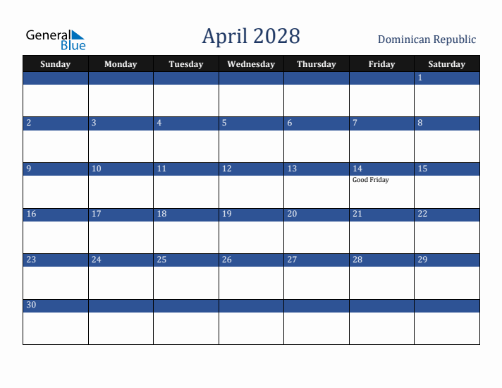 April 2028 Dominican Republic Calendar (Sunday Start)