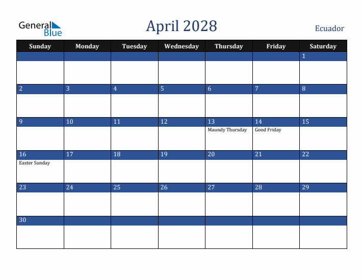 April 2028 Ecuador Calendar (Sunday Start)