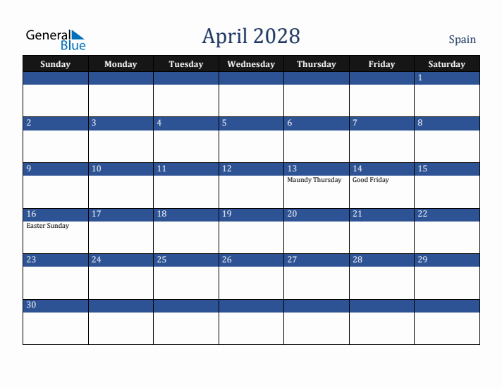 April 2028 Spain Calendar (Sunday Start)