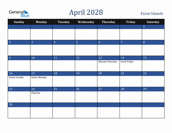 April 2028 Faroe Islands Calendar (Sunday Start)