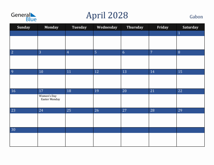 April 2028 Gabon Calendar (Sunday Start)