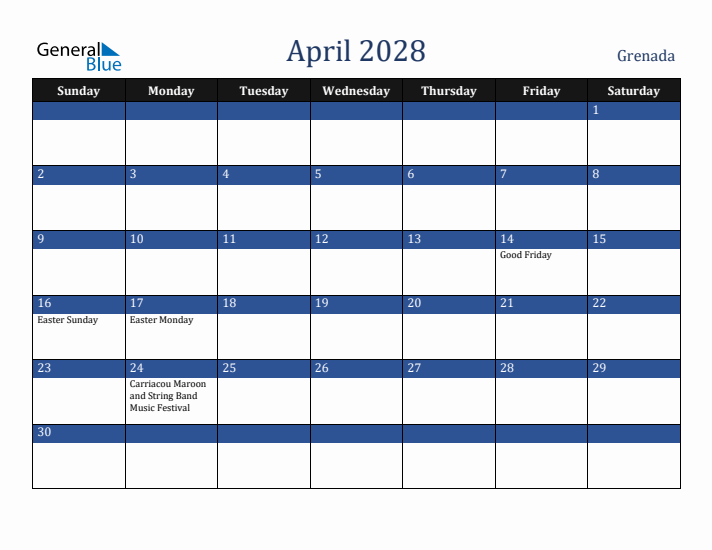 April 2028 Grenada Calendar (Sunday Start)