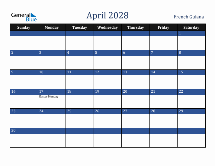April 2028 French Guiana Calendar (Sunday Start)