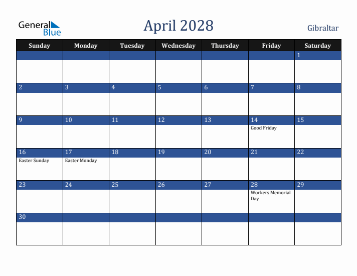 April 2028 Gibraltar Calendar (Sunday Start)