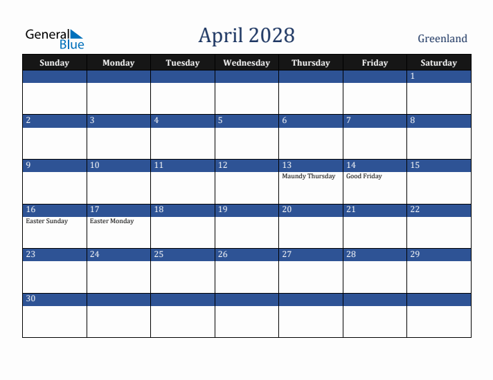 April 2028 Greenland Calendar (Sunday Start)