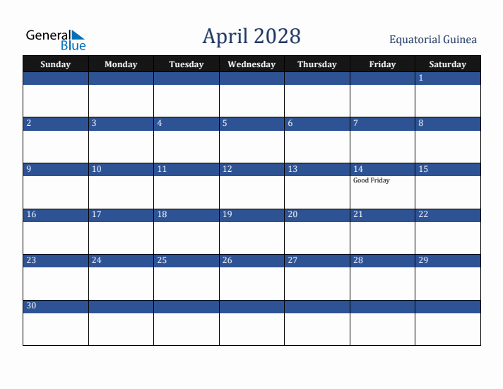 April 2028 Equatorial Guinea Calendar (Sunday Start)
