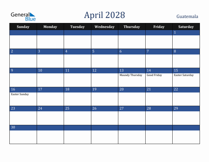 April 2028 Guatemala Calendar (Sunday Start)