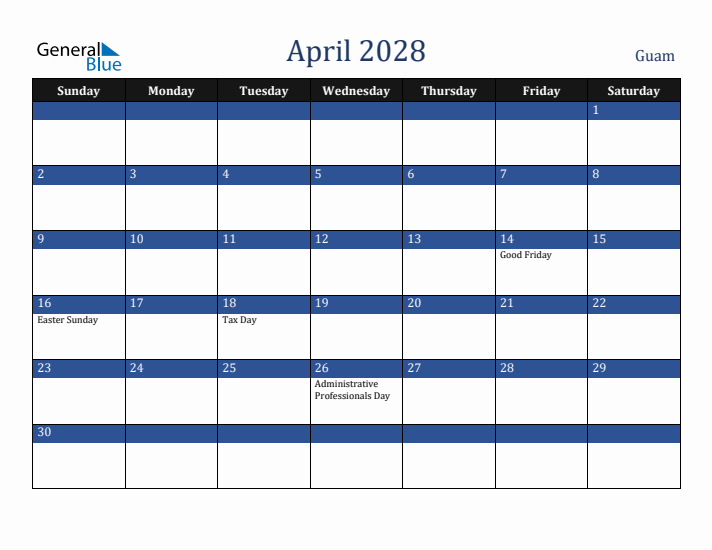 April 2028 Guam Calendar (Sunday Start)