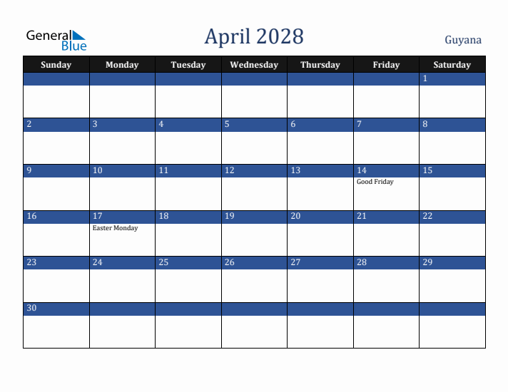 April 2028 Guyana Calendar (Sunday Start)