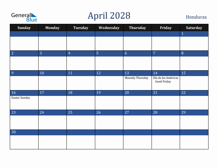 April 2028 Honduras Calendar (Sunday Start)