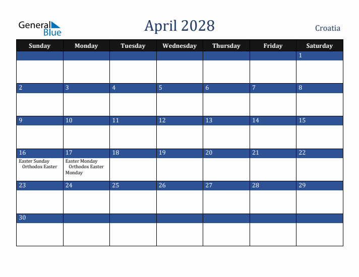 April 2028 Croatia Calendar (Sunday Start)