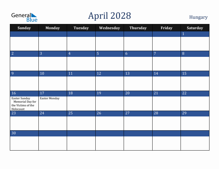 April 2028 Hungary Calendar (Sunday Start)