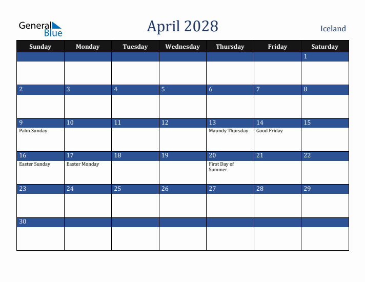 April 2028 Iceland Calendar (Sunday Start)