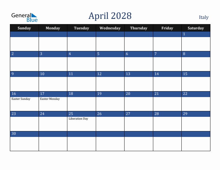April 2028 Italy Calendar (Sunday Start)