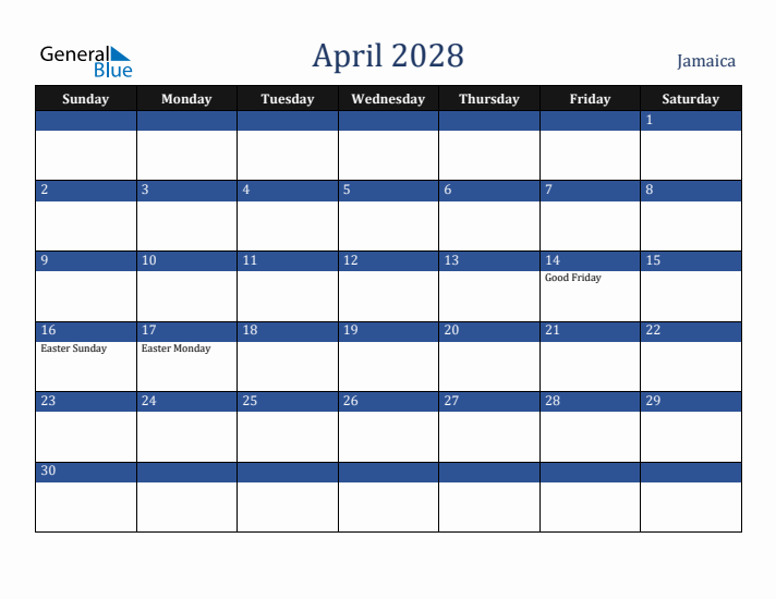 April 2028 Jamaica Calendar (Sunday Start)