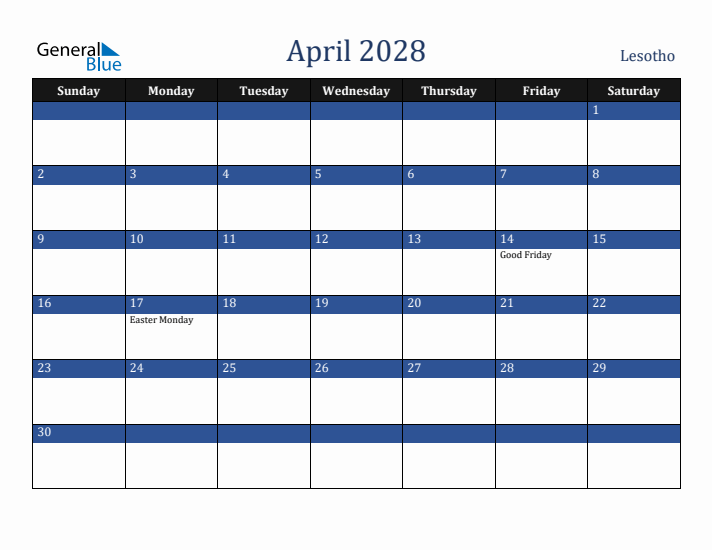 April 2028 Lesotho Calendar (Sunday Start)
