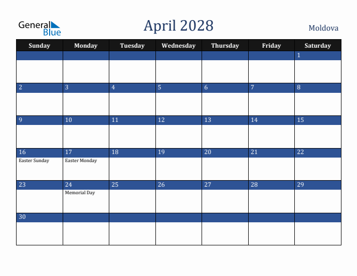 April 2028 Moldova Calendar (Sunday Start)