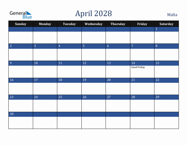 April 2028 Malta Calendar (Sunday Start)