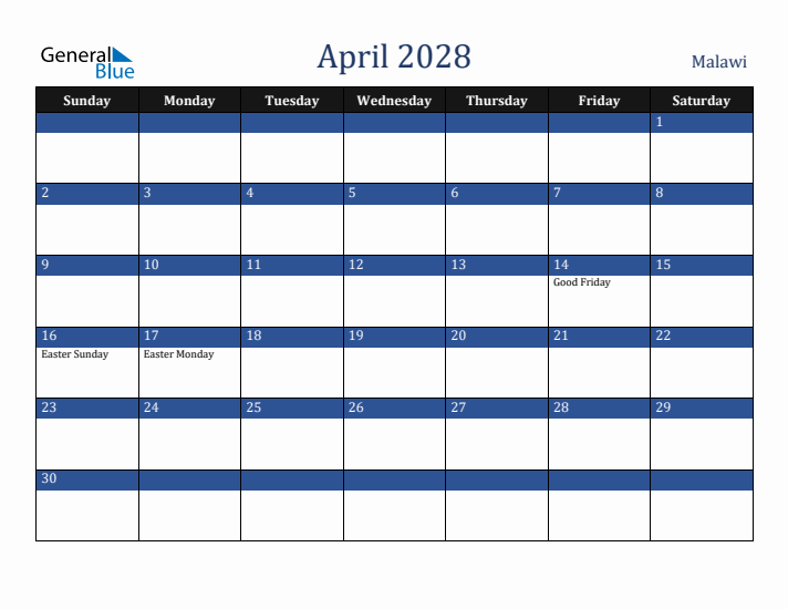 April 2028 Malawi Calendar (Sunday Start)