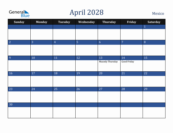 April 2028 Mexico Calendar (Sunday Start)