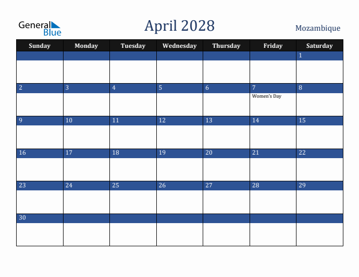 April 2028 Mozambique Calendar (Sunday Start)