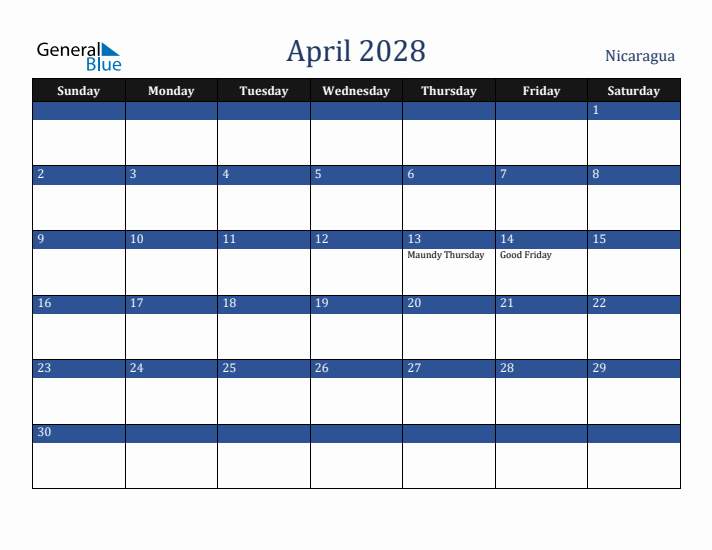 April 2028 Nicaragua Calendar (Sunday Start)