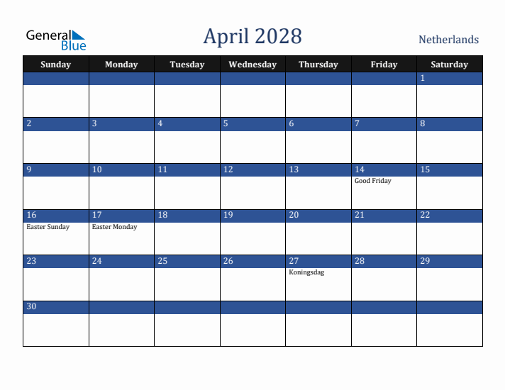April 2028 The Netherlands Calendar (Sunday Start)
