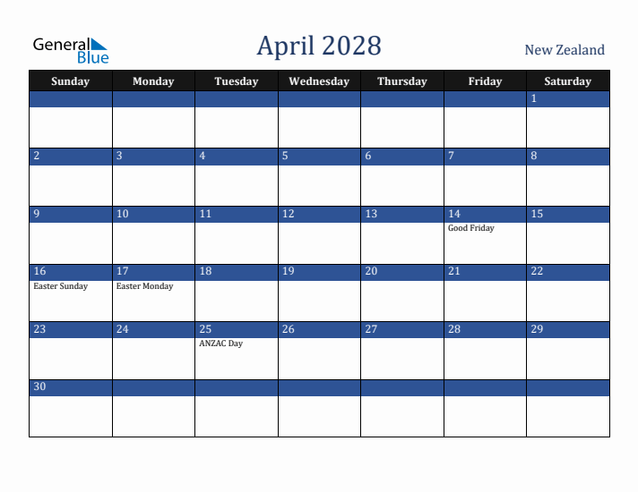 April 2028 New Zealand Calendar (Sunday Start)