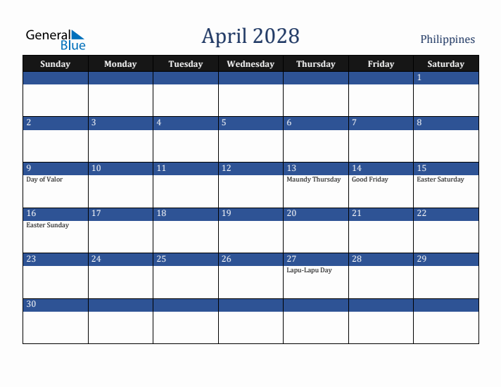 April 2028 Philippines Calendar (Sunday Start)