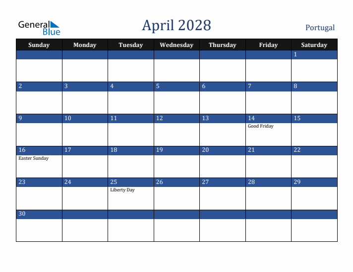 April 2028 Portugal Calendar (Sunday Start)