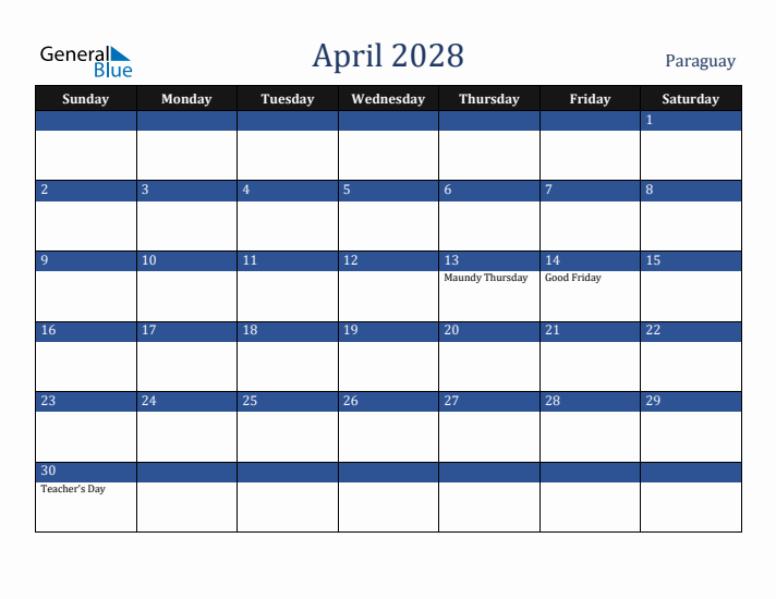 April 2028 Paraguay Calendar (Sunday Start)