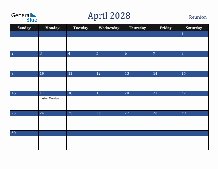 April 2028 Reunion Calendar (Sunday Start)