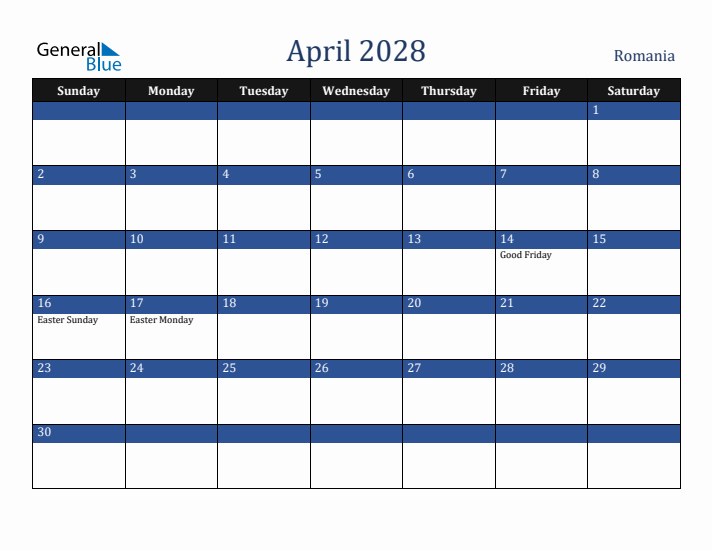April 2028 Romania Calendar (Sunday Start)